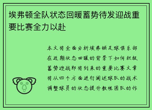 埃弗顿全队状态回暖蓄势待发迎战重要比赛全力以赴