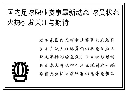 国内足球职业赛事最新动态 球员状态火热引发关注与期待