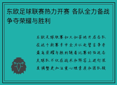东欧足球联赛热力开赛 各队全力备战争夺荣耀与胜利