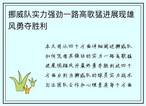 挪威队实力强劲一路高歌猛进展现雄风勇夺胜利