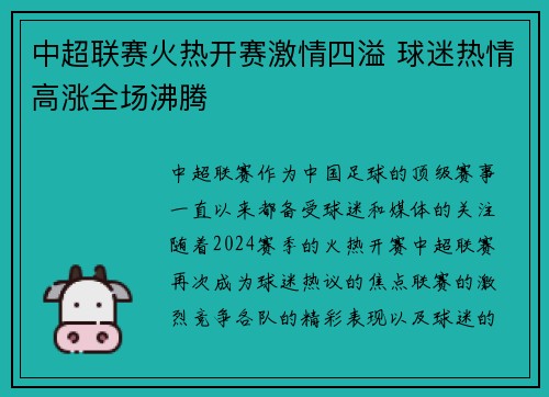 中超联赛火热开赛激情四溢 球迷热情高涨全场沸腾
