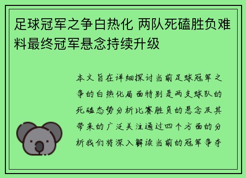 足球冠军之争白热化 两队死磕胜负难料最终冠军悬念持续升级