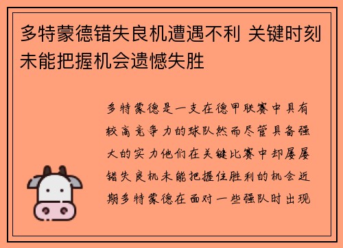 多特蒙德错失良机遭遇不利 关键时刻未能把握机会遗憾失胜