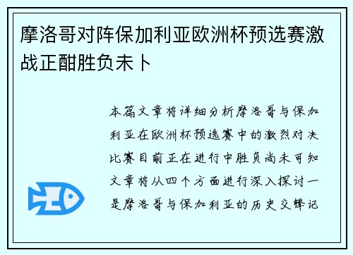 摩洛哥对阵保加利亚欧洲杯预选赛激战正酣胜负未卜